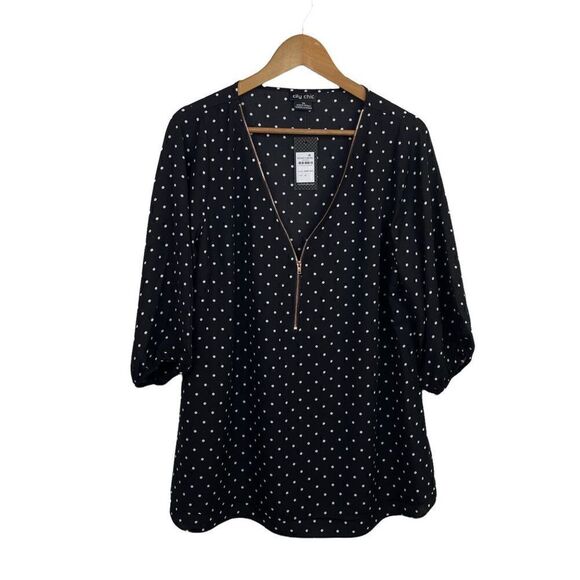 City Chic NWT Black White Dot Deep V Zipper Short Sleeve Top Women’s Size XS - Picture 1 of 6